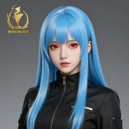 a female marionette,'with red eyes ', straight sky blue hair, bangs, black jacket, high collar, concept art, award winning photography, digital painting, cinematic, by wlop, anime key visual, wlop, 8 k, by ilya kuvshinov, andy warhol,