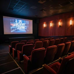 interior of a retro movie theater, tech noir