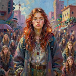 thousands of clones of a homeless woman, dystopian slums, vibrant, fantasy, trending on art station, oil painting, concept art