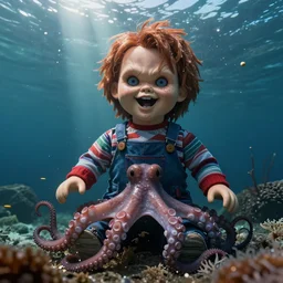 screaming chucky doll at bottom of deep ocean, stuck to an octopus