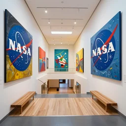 interior view overlooking a spectacular incredible beautiful art museum, huge 6 0 s nasa murals, located in aspen colorado, bright colored buildings