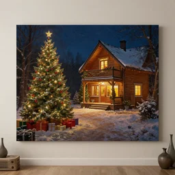 a christmas eve photorealistic landscape painting on the wall, ascher clemens, home, interior, octane render, deviantart, greg rutkowski, cinematic, key art, hyperrealism, canon eos c 3 0 0, ƒ 1. 8, 3 5 mm, 8 k, medium - format print