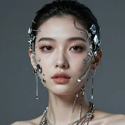 portrait of a beautiful futuristic woman layered with high-tech jewelry wrapping around her face and head, 2048