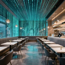 futuristic cafe interior, binary code pattern, matrix, ismail inceoglu