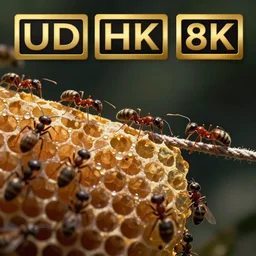 Ants walking on a tightrope over a bee hive. Cinematic, dramatic lighting, UHD 8K, award winning