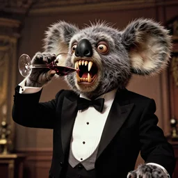 movie frame still from live action crazy koala vedette with long and sharp fangs in a tuxedo drinking wine from a skull, 8 k, vhs effect, ultra wide angle, zenith view, greg rutkowski, intrincate, highly detailed, ilm, oscar winning photography, grain, dramatic lighting, greg nicotero, straight to vhs, troma, horrifying movie, horror movie
