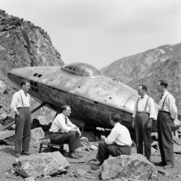old black and white photo, 1 9 1 3, depicting scientists around an alien starwarship wreck in the rocky mountains, historical record