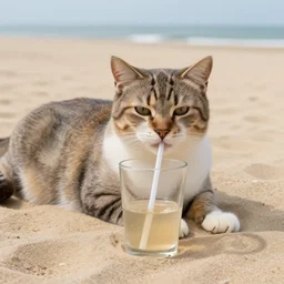realistic photo of a cat chilling out on the beach and using a straw to drink from a glass