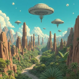 abstract alien lanscape with epic stone temples and lush jungle, ufos in the sky, by moebius and geof darrow, intricate lines, cinematic, concept art, 8 k, artstation