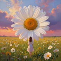 giant daisy flower face, girl standing in a flower field, surreal photography, sunrise dramatic light, impressionist painting, colorful clouds, digital painting, artstation, simon stalenhag, flower face