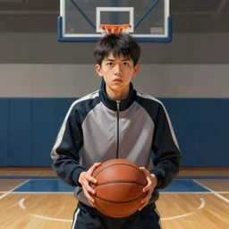 portrait of a boy at a basketball court playing basketball wearing a tracksuit jacket in a basketball court standing near the basketball hoop, intense emotion, detailed facial expression, detailed surroundings, intricate, elegant, highly detailed, centered, digital painting, artstation, concept art, smooth, sharp focus, illustration, by (Peter Mohrbacher), WLOP