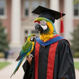 photograph of a parrot graduating from college, photorealistic