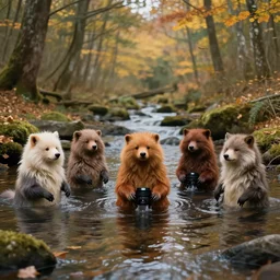 wide - angle shot of furry funny creatures bathing in forest stream in autumn, depth of field, zeiss lens, detailed, symmetrical, centered, by nicoletta ceccoli, mark ryden, lostfish, earl nore, hyung tae, frank frazetta, breathtaking, 8 k resolution beautiful artistic, hyperrealistic, octane render