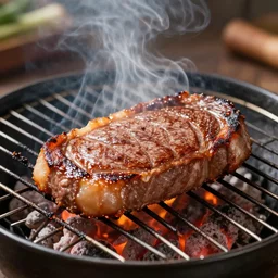 a steak cooking on a charcoal grill