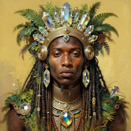 upper half portrait of retro futuristic african tribal chief - embellished with vegetation and iridescent crystals art by joseph christian leyendecker, design blocking by alphonso mucha and drew struzan, highly detailed, digital painting, airbrush, concept art, illustration, smooth sharp focus, intricate, symmetry,