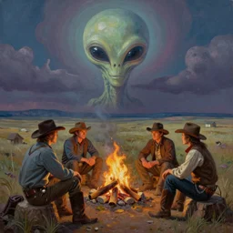 retro future, western landscape, cowboys sitting around a campfire telling stories, alien sky, oil paint on canvas
