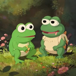 a wholesome animation key shot of pepe the frog and a cat playing on a hill, medium shot, studio ghibli, pixar and disney animation, sharp, rendered in unreal engine 5, anime key art by greg rutkowski, bloom, dramatic lighting