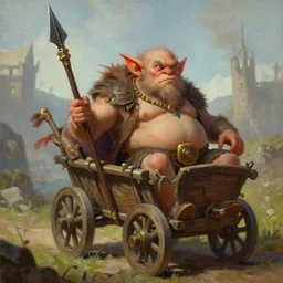 painting of corpulent goblin riding in a slapdash wooden cart holding a lance, fantasy art, magic : the gathering art, by diterlizzi