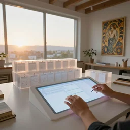 by james turrell : pov candid photo of my hands assembling at my floating futuristic ios hologram desk, stacks and rows of perfectly organized knolled calendar cubbies during sunrise in a cozy open - air design studio by greg rutkowski and alphonse mucha, brilliant daylight vr os ux, leica 8 k still