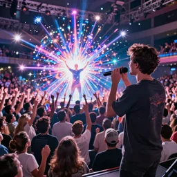 a hologram inventing the greatest song of all time and performing it to a crowd of 1 0 0, 0 0 0 while also inserting itself into the crowd in an energy blast