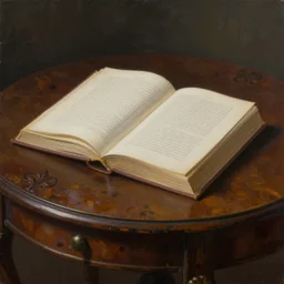 a minimalist painting of a single open ornate book on an antique table, micro details, masterpiece, dramatic lightning, very high details, multiple angles, by greg kopinsky, by greg capullo