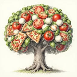 highly detailed pencil drawing of a mythical tree of pizza toppings, branches with tomatoes and mozzarella balls and basil leaves, deviantart, lowbrow, surrealism