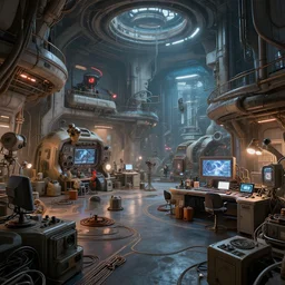 a scifi workshop filled with lots of different types of equipment, breathtaking lights, a detailed matte painting by filip hodas, cgsociety contest winner, altermodern, reimagined by industrial light and magic, rendered in unreal engine, unreal engine 5