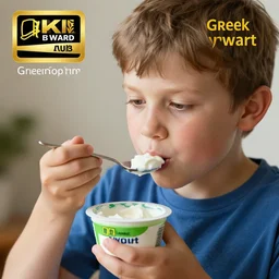 boy eating greek yoghurt photo, national geographic, award winning photo, hyper detailed, 4 k