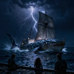 gerald brom, ellen jewett, night time, leviathan sea monster coming out of the water, attacking a boat, night, steve niles, hubert robert, realistic, night, scary, night, lightning, boat, lighting