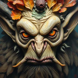 close - up portrait of very ugly goblin king by irakli nadar with intricate detailed color smashing fluid oil paint and acrylic, autumn leaves headdress, melting wax, mycelia, abstract impressionism, ruan jia, fantasy, hyper detailed, concept art, by peter mohrbacher and gustav klimt,