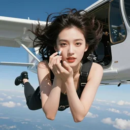 still photo, young woman, falling from plane, camera view from beneath the person, putting makeup on