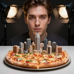 a miniature city built on a pizza,photorealiatic,hyperdetailed,hyperrealistic,studio lighting,studio photography,professional photography,professional lighting,detailed face,3 point lighting,4k