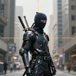a cyborg ninja with katans on its back, futuristic tech wear, subject in the middle of the frame, rule of thirds, golden ratio, urban, surreal matte painting, octane 4k render, zbrush, hyperrealistic, trending on artstation, hard surface mech concept art, smooth, sharp focus, character concept art by rafael grassetti and marco plouffe