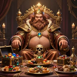 an intricate concept art, photorealism, a fat bearded king, feasting on a table full of food, skull throne, treasure chest full of jewelries, glowing crown, ultra photorealistic, pinterest, artstation, cgsociety, pinterest, digital art, hyper detail, anime colors, style by wlop, octane render, 8 k