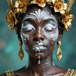 hyperrealistic post - symbolist cinematic very beautiful! oshun goddess with white eyes, yoruba body paint, chrome dripping droplet lips, gold flowers, highly detailed digital art masterpiece, smooth etienne sandorfi eric zener dramatic pearlescent soft teal light, ground angle uhd 8 k, sharp focus