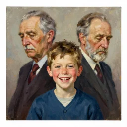 Painting of a young boy who is happy and behind him is a old man who is sad, by Norman Rockwell & Zdzisław Beksiński