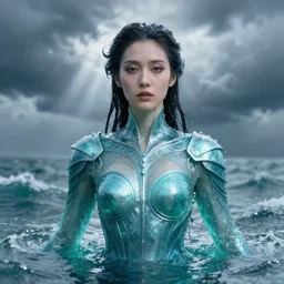 armor made of water, liquid, woman, solemn, female, rising up from ocean, water armor, high detail, high contrast, close up portrait, studio lighting, stormy seas, beautiful, bokeh, snowy, storm clouds, god rays, d & d, fantasy, elegant, aquamarine color palette, concept art, roger deakins, greg rutkowski, alphonse mucha