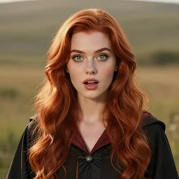pretty female wizard posing in front of plains + auburn hair + green eyes + elegant + warm hairlight + dramatic light + photorealistic + octane render + large well-defined eyelids + big astonished eyes + translucent skin + glossy lips + generous