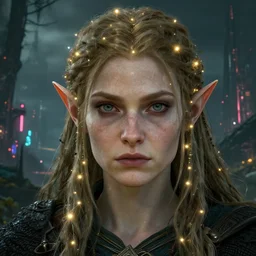 an ultra realistic, cinematic, fantasy, headshot portrait, of an elden ring elf, fairy lights, facial features, background of a vast dystopian cityscape, with trees and neon lights, detailed, deep focus, movie still, dramatic lighting, ray tracing, by michal karcz and yoshitaka amano
