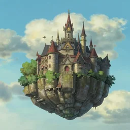 a floating castle in the sky in the style of Miyazaki