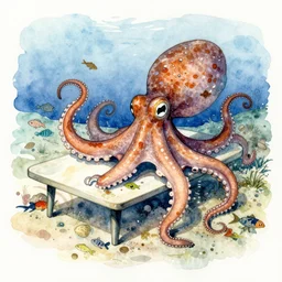 ink drawing watercolored of a whole pidrioctopus was a curious funnel - headed cephalopod of considerable size, it was found in the fjords on the slopes of mount generous but also in the arctic ocean, hence the name similar to an ikea coffee table, it fed on small pelagic prey, the gratacuchtyos,