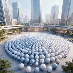 fluid particle wave from thousands of spheres in a huge modern townhall octane render trending on artstation