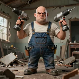 grumpy chunky bald handyman with huge drills! instead of arms, in a wrecked home, full body, hyperrealistic digital art masterpiece, highly detailed neo pop surrealism, jason limon kay sage hannah yata, dramatic lighting, low angle, uhd 8 k, sharp focus