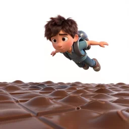 a boy with a jetpack flying above a sea of chocolate, white background, pixar animation style,
