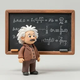 claymation miniature scene of albert einstein standing in front of miniature blackboard with lots of mathematical formulas chalked on