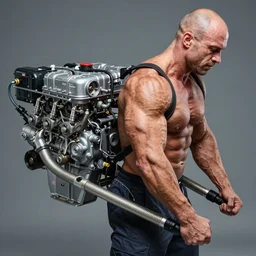 a muscular bald man with engines on his back and drainage pipes from his arms, diesel engine, gasoline engine, combustion engine