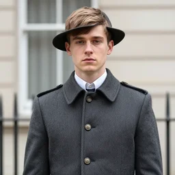 photo of a british young man wearing peaky blinders outfits,