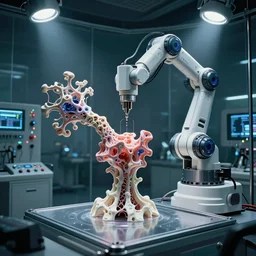 a complex thick bifurcated fractal robotic cnc surgical arm cybernetic symbiosis hybrid mri 3 d printer machine making some organic ceramic fractal quantum computer forms in a glass living room laboratory room with control panels, knobs, camera lens orbs, dramatic 3 point lighting, film still from sci fi movie,