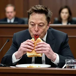 photo of elon musk eating a 1 2 foot sub sandwich on the witness stand in a courtroom drama