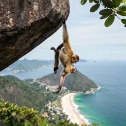a monkey hanging upside down from a large boulder, epic high vista view brazil beach